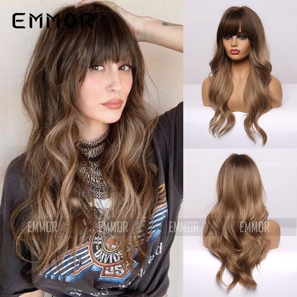 Glamourous Black Brown Bangs Long Curly Hair Wig - VitaGlow Beauty Co.