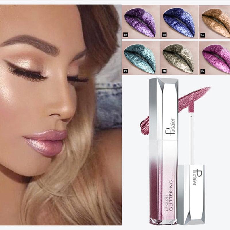 Pudaier Metallic Glitter Shine Full Color Lipstick Makeup Long-lasting Liquid Tint Lip Gloss Stick 18 Colors Moisturizing Batom - VitaGlow Beauty Co.