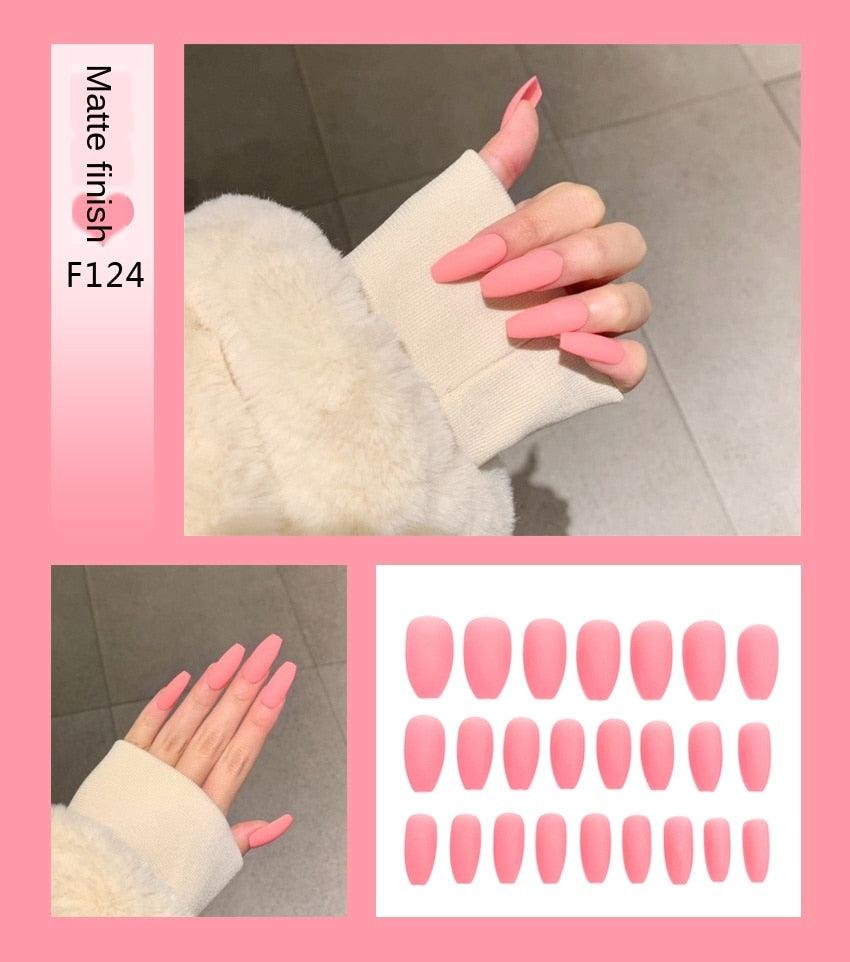 Nail Art Fake Nails Stiletto Tips Clear Press on Long False with Glue Coffin Stick Display Full Cover Artificial Designs Matte - VitaGlow Beauty Co.