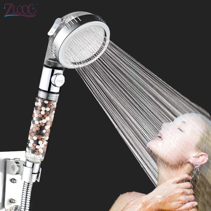 New Tourmaline balls Filter Shower Head Water saving 3 Modes adjustable SPA shower head on/off button high pressure shower - VitaGlow Beauty Co.