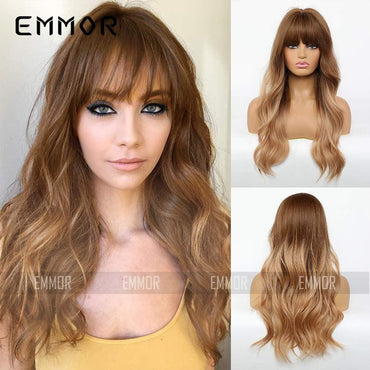 Glamourous Black Brown Bangs Long Curly Hair Wig - VitaGlow Beauty Co.