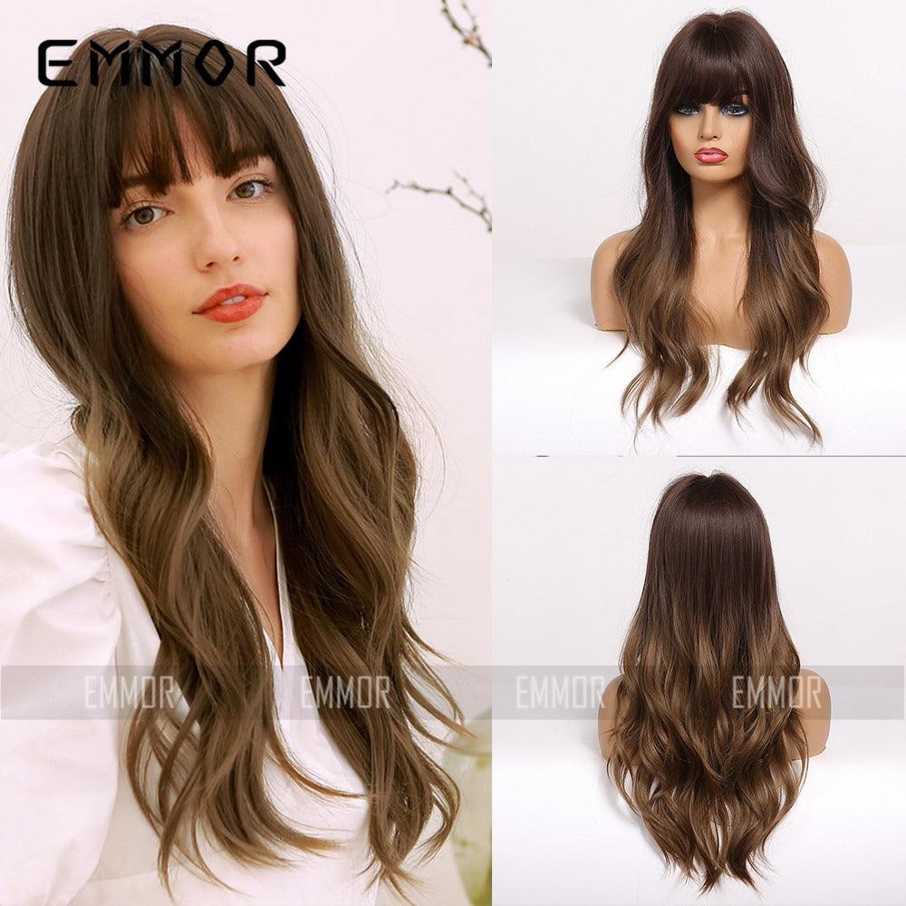 Glamourous Black Brown Bangs Long Curly Hair Wig - VitaGlow Beauty Co.