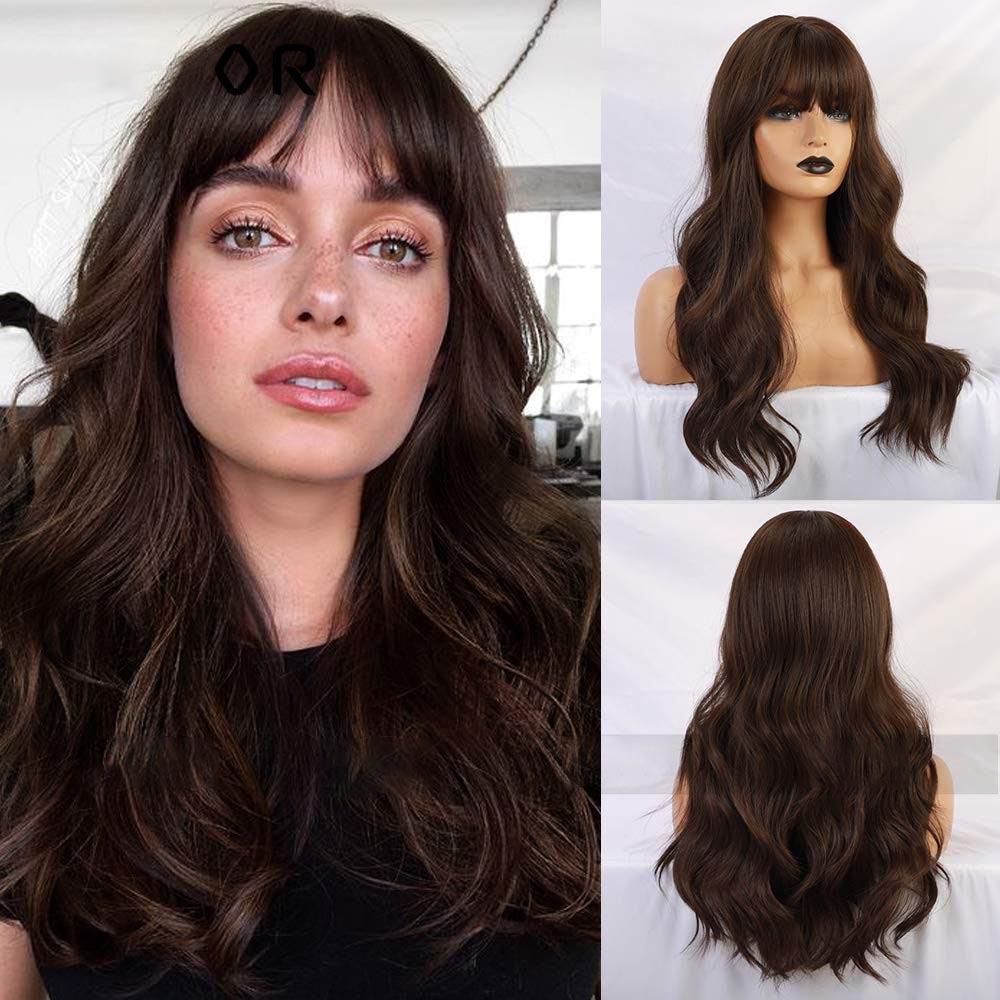 Glamourous Black Brown Bangs Long Curly Hair Wig - VitaGlow Beauty Co.