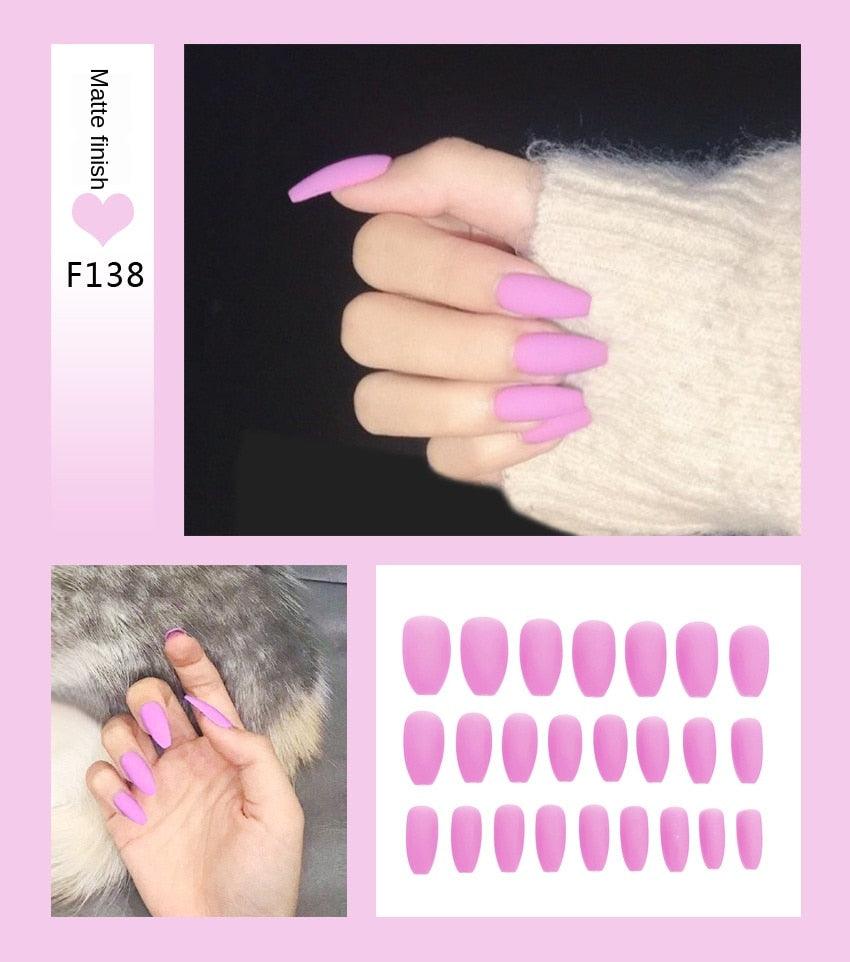 Nail Art Fake Nails Stiletto Tips Clear Press on Long False with Glue Coffin Stick Display Full Cover Artificial Designs Matte - VitaGlow Beauty Co.