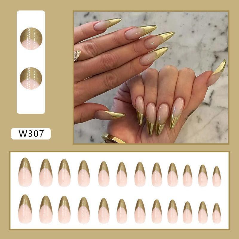 Simple pearlescent gold French almond nail wear nails special nail pieces wholesale finished wind fake nails - VitaGlow Beauty Co.