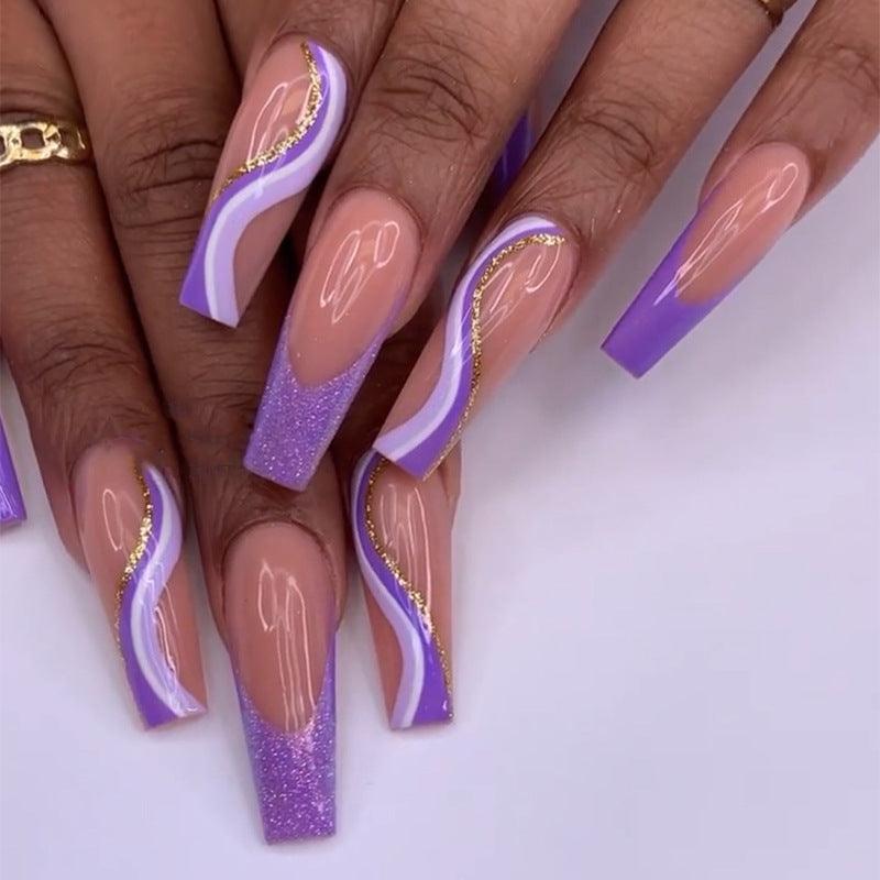 Purple Glitter Wearing Manicure French Geometric Lines Aurora Bright Nail Patches - VitaGlow Beauty Co.